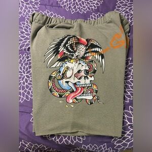 Ed Hardy men's fleece sweat shorts withbattle skull snake eagle graphic design.